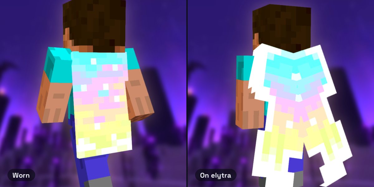 Steve wearing the Aurora Cape, a pastel gradient from teal through pink to lime with white star pixels, and the Aurora elytra with pointed pale wings