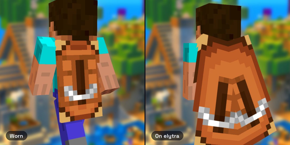 Steve wearing the Builder Cape, an iron pickaxe on crafting table planks, and the Builder elytra