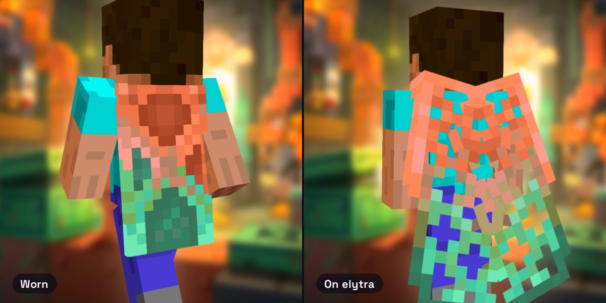 Steve wearing the Copper Cape, chiseled copper fading from orange to oxidized teal, and the Copper elytra with copper grates