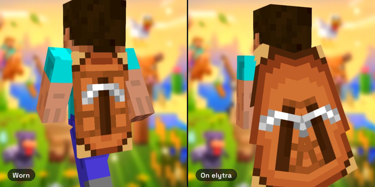 Steve wearing the Crafter Cape, an iron pickaxe on crafting table planks, and the Crafter elytra