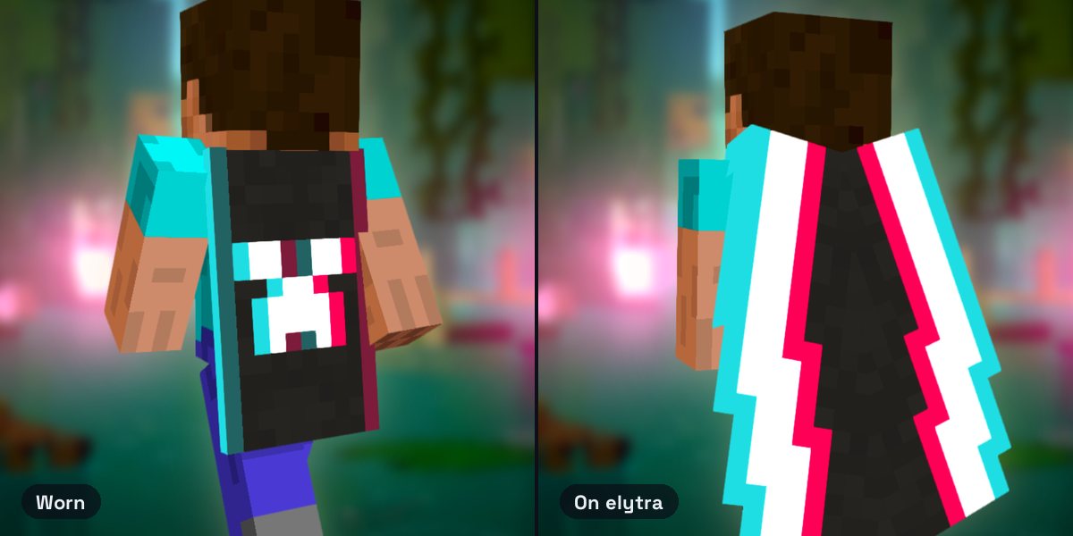 Steve wearing the Follower's Cape, a white Creeper face on black with red and blue edge stripes, and the Follower's elytra