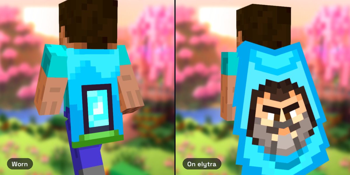 Steve wearing the Home Cape, a glowing blue portal on a grass base against a bright blue sky, and the Home elytra showing Steve from A Minecraft Movie