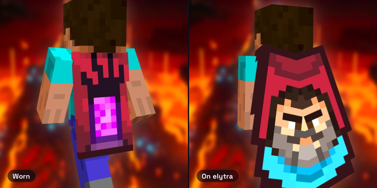 Steve wearing the Menace Cape, an obsidian Nether portal on a fiery red field, and the Menace elytra showing Steve from A Minecraft Movie