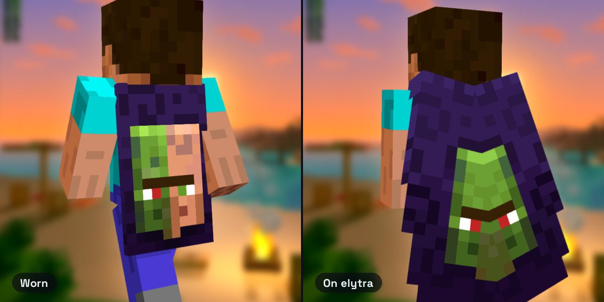 Steve wearing the Minecraft Experience Cape, a face split between a villager and a zombie villager, and its purple elytra