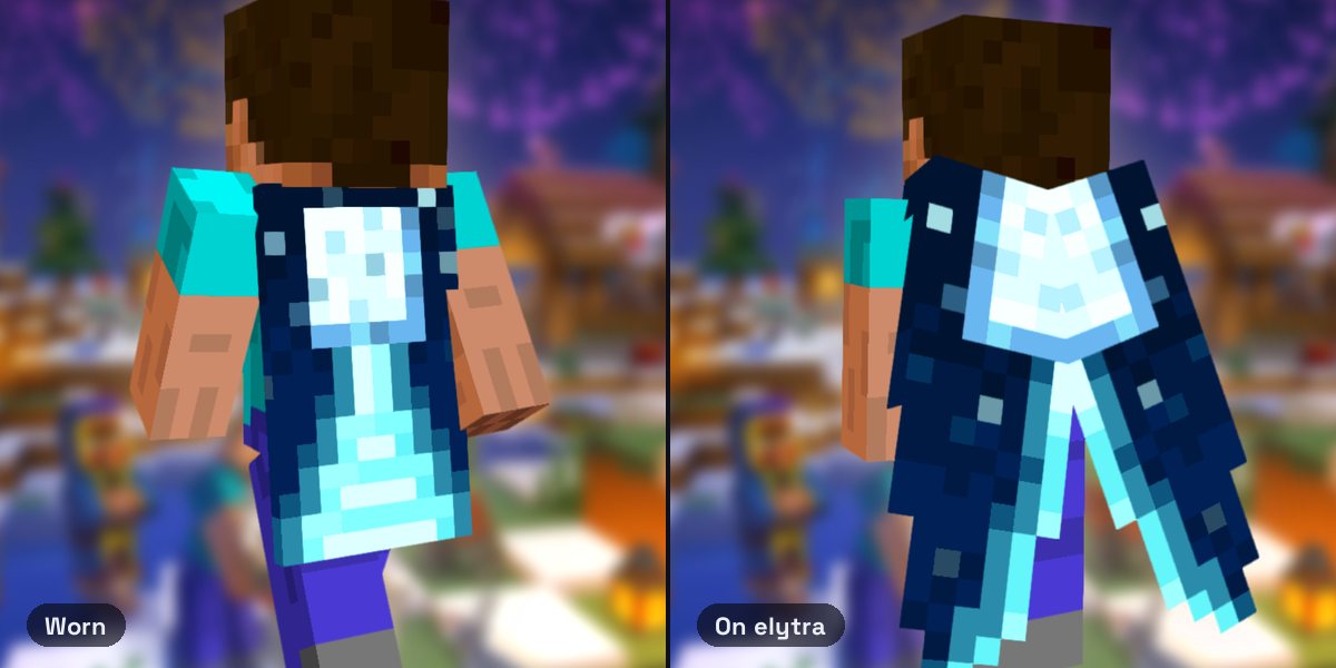 Steve wearing the Moonlight Trail Cape, a glowing diamond beacon on a deep blue night sky, and the matching Moonlight Trail elytra