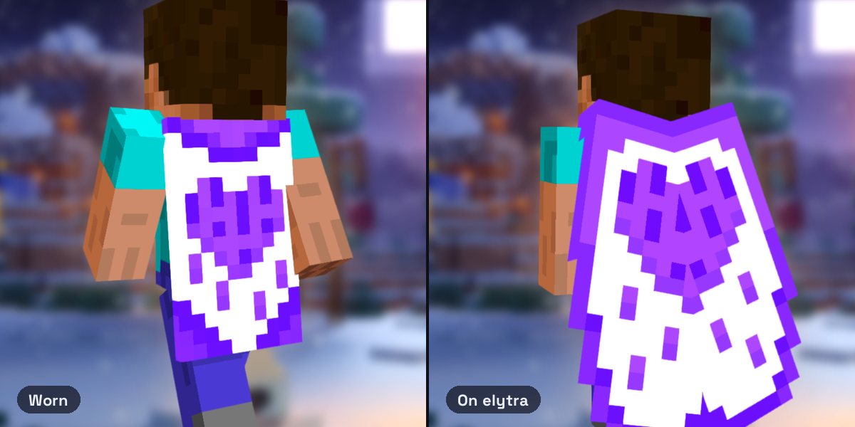 Steve wearing the Purple Heart Cape, a bold purple heart on white, and the purple and white Purple Heart elytra
