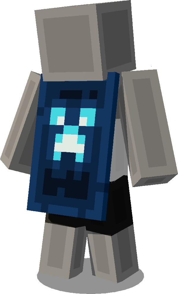 The Gamescom 2026 Minecraft cape seen from behind — deep navy with a cyan and white creeper face