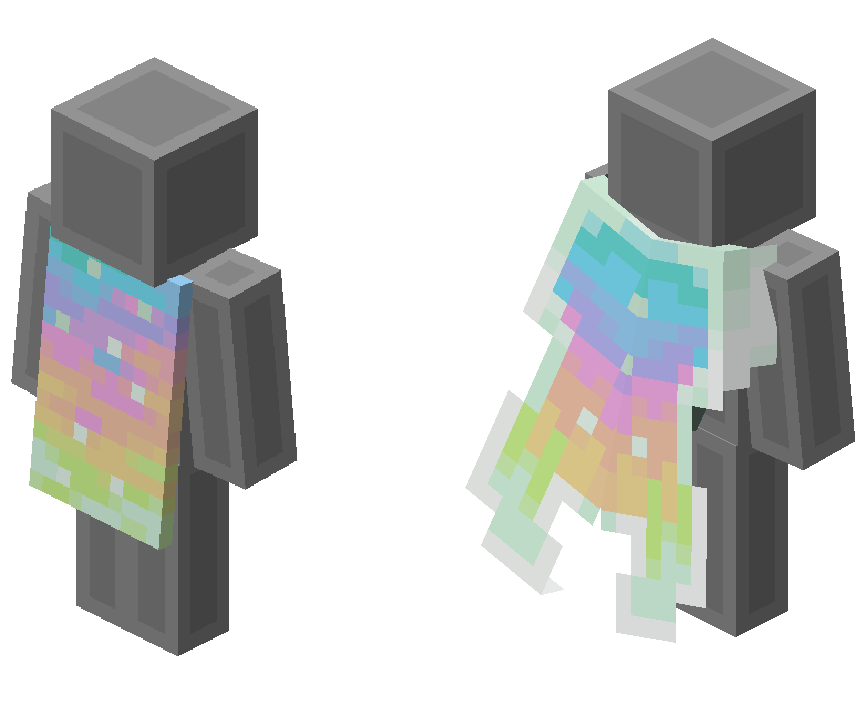 The Aurora Cape and Aurora elytra on a blank Minecraft player model: a flat pastel cape, and elytra wings with pointed tips outlined in white and mint