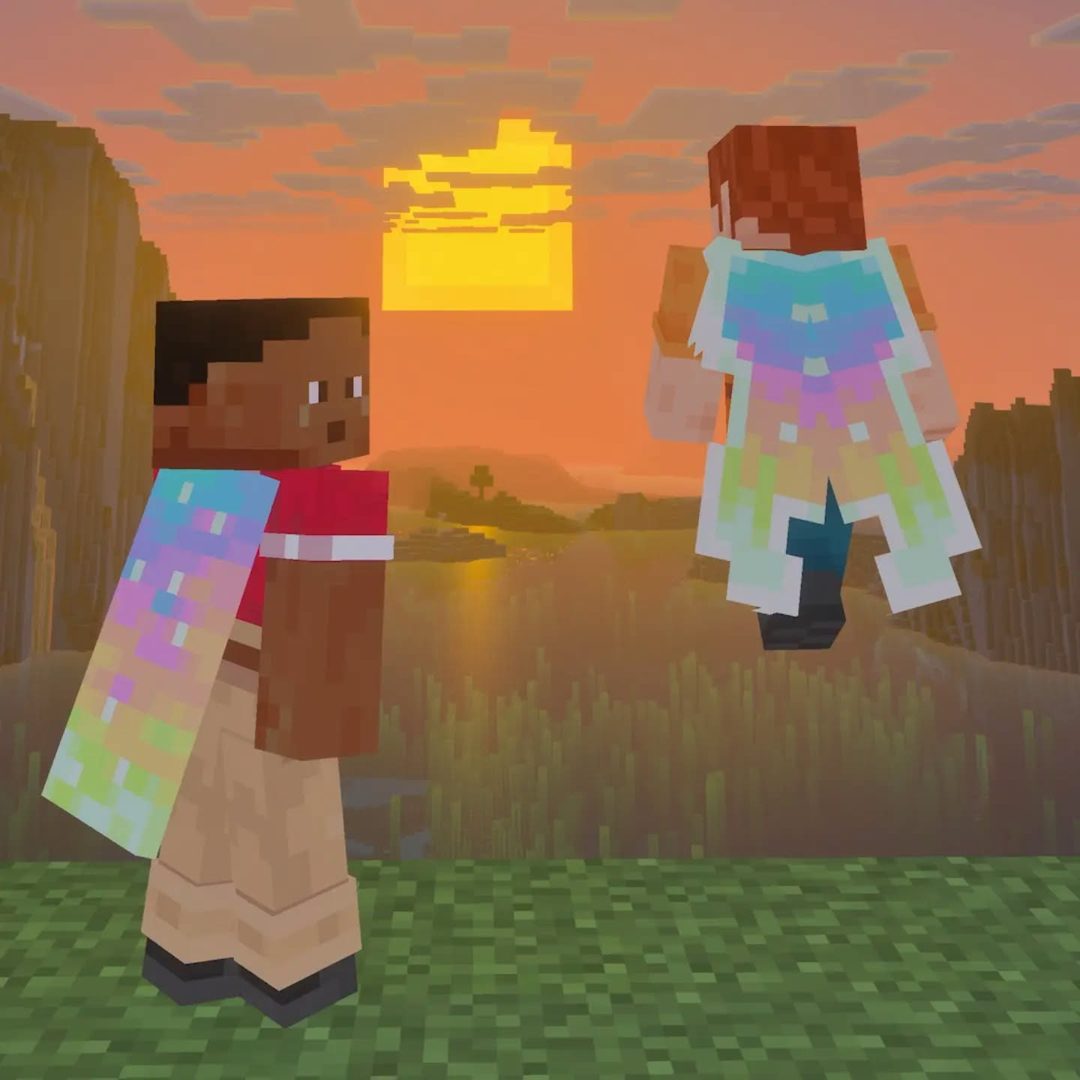 Two Minecraft players wearing the new Aurora Cape at sunset: one wears the flat pastel cape, the other the Aurora elytra with pointed pale-mint wings