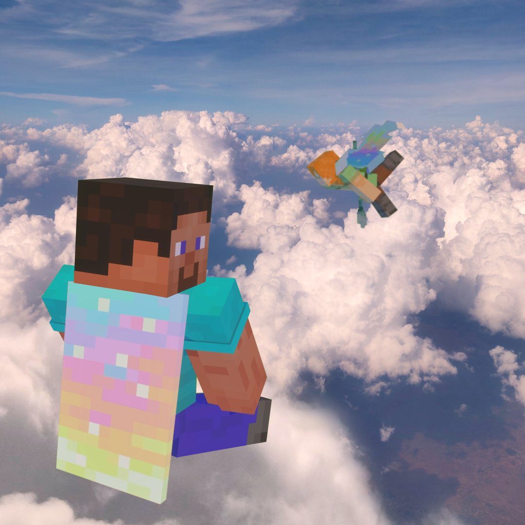Steve free-falling above the clouds wearing the Aurora Cape while Alex glides past with Aurora elytra