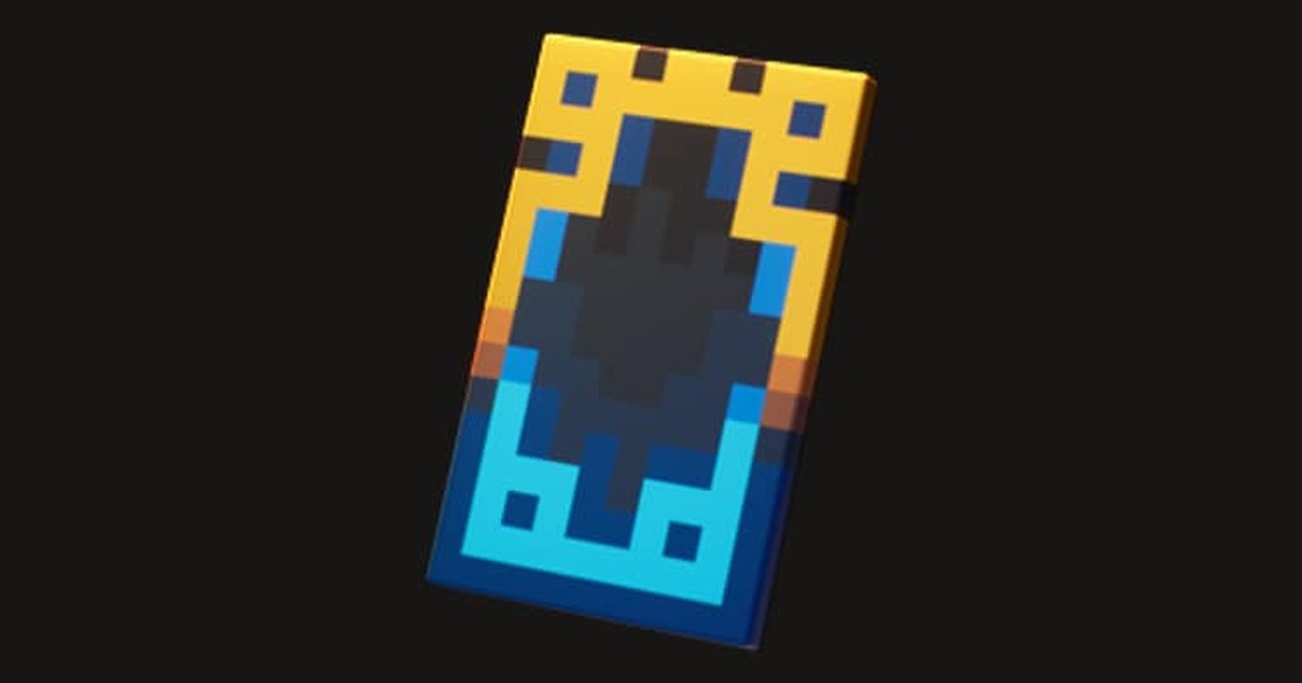 The Minecraft Dungeons II Special Cape — a gold border framing a dark navy panel above a bright cyan base, Mojang's official render